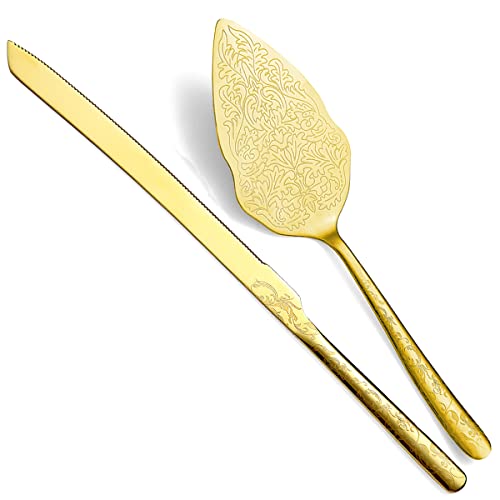 Berglander Gold Wedding Cake Knife and Server Set, Titanium Gold Plating with Unique Pattern Design Cake Cutter Serving Set Perfect for Wedding, Birthday, Parties and Events Dishwasher Safe