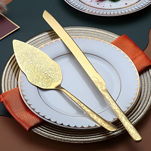 Berglander Gold Wedding Cake Knife and Server Set, Titanium Gold Plating with Unique Pattern Design Cake Cutter Serving Set Perfect for Wedding, Birthday, Parties and Events Dishwasher Safe