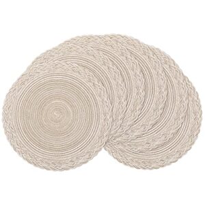 shacos round placemats set of 6 woven round table mats 15 inch braided border washable cotton polyester circle place mats, ivory
