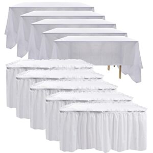5 pack plastic table skirts for rectangle tables with 5 pack table cloths, blue tableskirts and 54" x 108" tablecloths, disposable tablecloth skirt table covers for party birthday baby shower (white)
