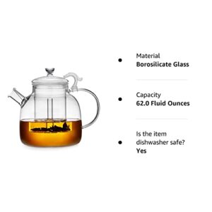 DOPUDO GRANDEUR Glass Teapot, 1850ml/ 62oz Glass Kettle with Removable Infuser, Borosilicate Glass Tea Pot for Stovetop, Loose Leaf and Blooming Tea Maker