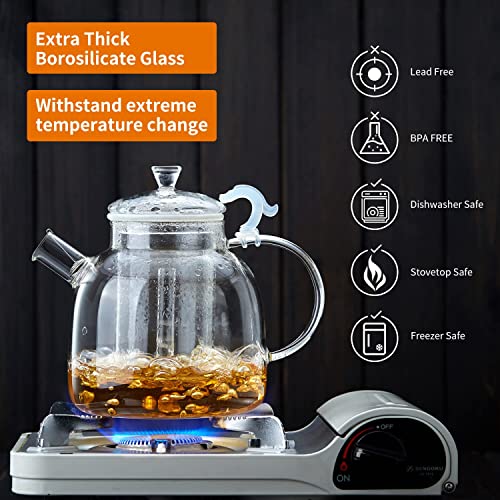 DOPUDO GRANDEUR Glass Teapot, 1850ml/ 62oz Glass Kettle with Removable Infuser, Borosilicate Glass Tea Pot for Stovetop, Loose Leaf and Blooming Tea Maker