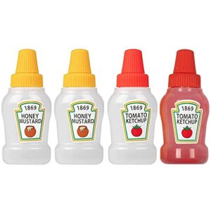 ronrons 4 pieces mini ketchup bottles for bento box accessories, 25ml mini condiment squeeze bottles plastic sauce bottles containers empty ketchup and mustard syrup dispenser for kids adults