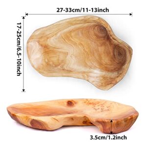 BTEOBFY Natural Wood Fruit Bowl 11-13 inch, Unique Handmade Wood Serving Platter, Wood Fruit Snack Dish for Sandwich Bread Serving, Appetizer Display, Vintage Ring Dish, Hand Carved Artworks