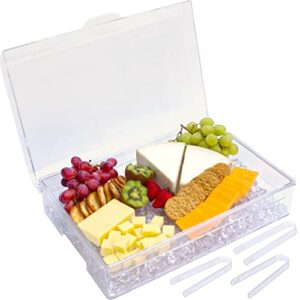 ice chilled party platter - large removable serving tray and hinged lid | ideal for appetizers, seafood, cheeses, meats, desserts and more | 3 tongs included | charcuterie board