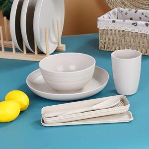 Wheat Straw Dinnerware Sets, 28PCS Plastic Plates and Bowls Sets College Dorm Room Essentials Dishes Set with Cutlery Set Microwave Safe (Beige)