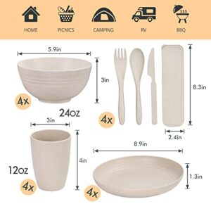 Wheat Straw Dinnerware Sets, 28PCS Plastic Plates and Bowls Sets College Dorm Room Essentials Dishes Set with Cutlery Set Microwave Safe (Beige)