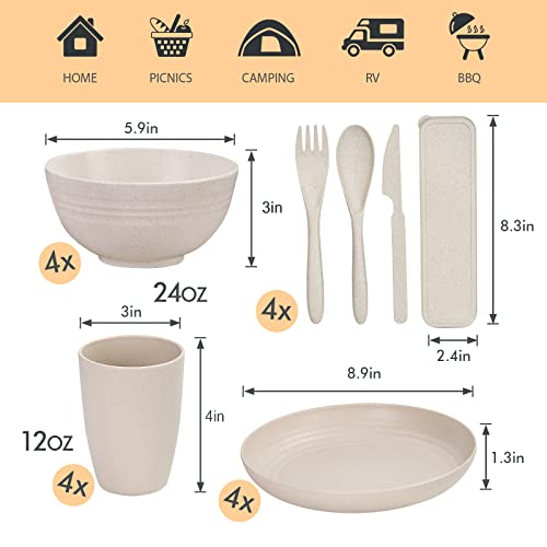 Wheat Straw Dinnerware Sets, 28PCS Plastic Plates and Bowls Sets College Dorm Room Essentials Dishes Set with Cutlery Set Microwave Safe (Beige)