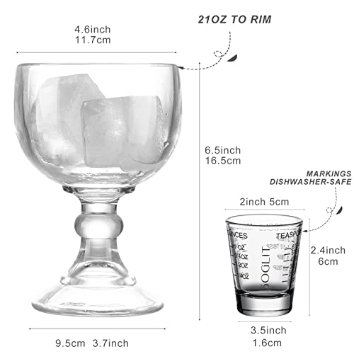 Margarita Schooner Beer Glasses 21 Oz Set of 4 With Extra Measuring Shot Glasses, Large Shrimp Cocktail Glasses Goblet, Large Stemmed Glasses With Thick Bottom for Coronaritas, Margaritas, Cocktails