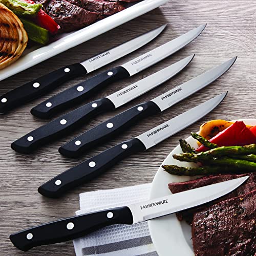 Farberware Triple Riveted Steak Knife Set, 6-Piece, High-Carbon Stainless Steel Knife Set, Razor-Sharp Steak Knife Set with Fine Edge Blades, Black