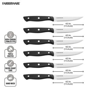Farberware Triple Riveted Steak Knife Set, 6-Piece, High-Carbon Stainless Steel Knife Set, Razor-Sharp Steak Knife Set with Fine Edge Blades, Black