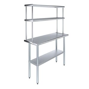 18" x 48" stainless steel work table with 12" wide double tier overshelf | metal kitchen prep table & shelving combo