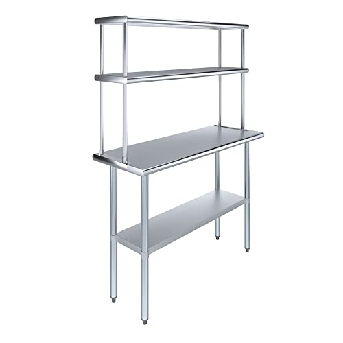 18" x 48" Stainless Steel Work Table with 12" Wide Double Tier Overshelf | Metal Kitchen Prep Table & Shelving Combo