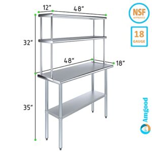 18" x 48" Stainless Steel Work Table with 12" Wide Double Tier Overshelf | Metal Kitchen Prep Table & Shelving Combo