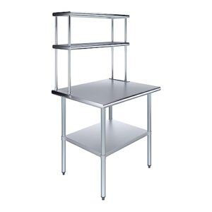 30" x 36" stainless steel work table with 12" wide double tier overshelf | metal kitchen prep table & shelving combo