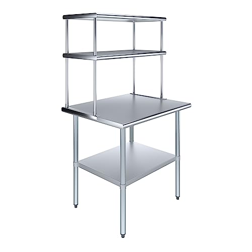 30" x 36" Stainless Steel Work Table with 18" Wide Double Tier Overshelf | Metal Kitchen Prep Table & Shelving Combo