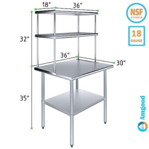 30" x 36" Stainless Steel Work Table with 18" Wide Double Tier Overshelf | Metal Kitchen Prep Table & Shelving Combo