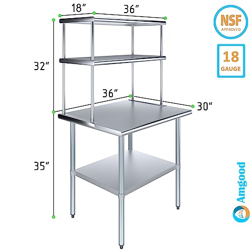 30" x 36" Stainless Steel Work Table with 18" Wide Double Tier Overshelf | Metal Kitchen Prep Table & Shelving Combo