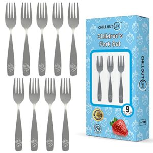 9 piece stainless steel kids forks - child and toddler safe flatware - kids utensil set - metal kids cutlery set - includes a total of 9 small kids forks