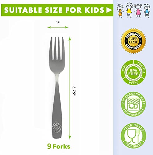 9 Piece Stainless Steel Kids Forks - Child and Toddler Safe Flatware - Kids Utensil Set - Metal Kids Cutlery Set - Includes a Total of 9 Small Kids Forks