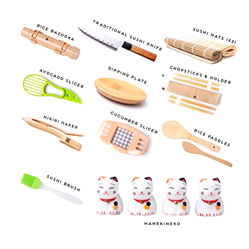 Sushi Making Kit- Complete Sushi Making Kit for Beginners & Pros Sushi Makers, Perfect Sushi Making Kitchen Accessories Like Sushi Knife, 2 Sushi Mats, Rice Bazooka, Dipping Plate, & More (Bamboo)