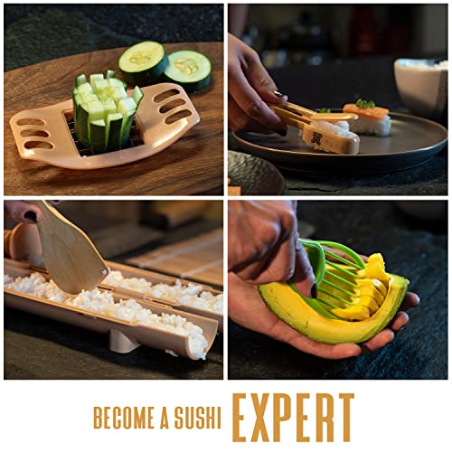 Sushi Making Kit- Complete Sushi Making Kit for Beginners & Pros Sushi Makers, Perfect Sushi Making Kitchen Accessories Like Sushi Knife, 2 Sushi Mats, Rice Bazooka, Dipping Plate, & More (Bamboo)