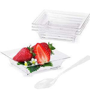 toflen 100ct 1 oz mini dessert plates with tasting spoons - reusable clear plastic square party serving trays mini plates for appetizers, chocolates, ice cream, fruit and more