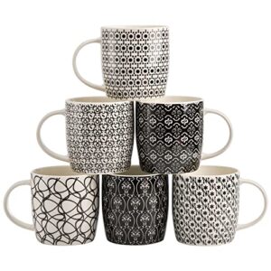okllen 6 pack 11.5 oz coffee mugs geometric textured, ceramic coffee mugs stylish tea cup mugs set gift for latte, cappuccino, milk, water, cocoa, cereal, black and white