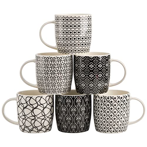 Okllen 6 Pack 11.5 Oz Coffee Mugs Geometric Textured, Ceramic Coffee Mugs Stylish Tea Cup Mugs Set Gift for Latte, Cappuccino, Milk, Water, Cocoa, Cereal, Black and White