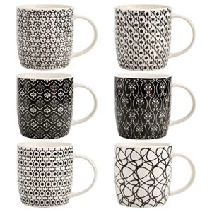 Okllen 6 Pack 11.5 Oz Coffee Mugs Geometric Textured, Ceramic Coffee Mugs Stylish Tea Cup Mugs Set Gift for Latte, Cappuccino, Milk, Water, Cocoa, Cereal, Black and White