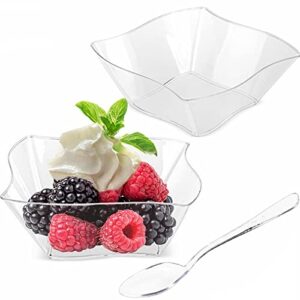 toflen 50 pack 5 oz mini dessert cups with spoons - mini appetizer plates disposable small plastic bowls for desserts, samplers, party serving trifles & more