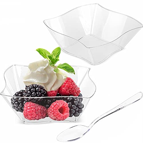 TOFLEN 50 Pack 5 oz Mini Dessert Cups with Spoons - Mini Appetizer Plates Disposable Small Plastic Bowls for Desserts, Samplers, Party Serving Trifles & More