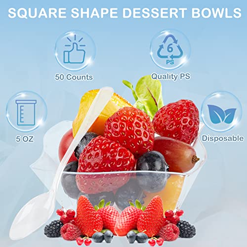 TOFLEN 50 Pack 5 oz Mini Dessert Cups with Spoons - Mini Appetizer Plates Disposable Small Plastic Bowls for Desserts, Samplers, Party Serving Trifles & More