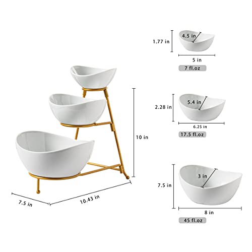 Gomakren 3 Tier Serving Bowl Set with Rack White Bowl Set with Stand Thanksgiving Serving Dishes For Parties Serving Stand for Dessert Snack Fruit Appetizer Chips Dining Dinnerware Display Food Gold