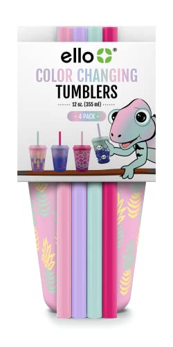 Ello Kids Plastic Reusable Color Changing Cups with Twist on Splash-Proof Lids and Straw, BPA Free, Dishwasher Safe, 12oz, Fruit Pop, 10 Pack