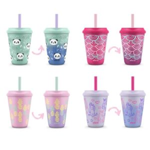 ello kids plastic reusable color changing cups with twist on splash-proof lids and straw, bpa free, dishwasher safe, 12oz, fruit pop, 10 pack