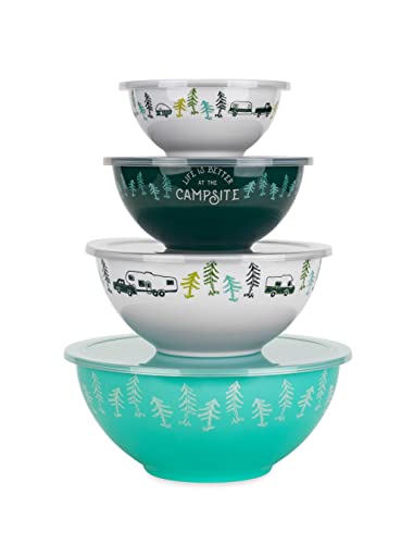 Camco Life is Better at The Campsite Nesting Bowl Set with Lids | Great for On-The-Go Lifestyles | Features (4) Durable Melamine Bowls with (4) Plastic Lids (53451)