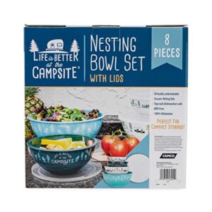 Camco Life is Better at The Campsite Nesting Bowl Set with Lids | Great for On-The-Go Lifestyles | Features (4) Durable Melamine Bowls with (4) Plastic Lids (53451)