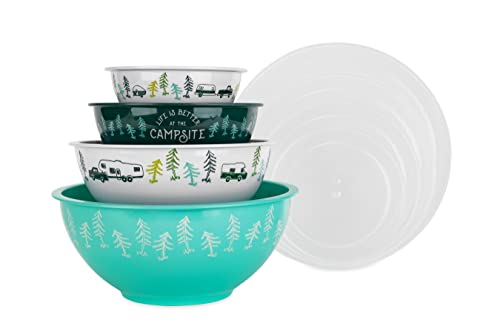 Camco Life is Better at The Campsite Nesting Bowl Set with Lids | Great for On-The-Go Lifestyles | Features (4) Durable Melamine Bowls with (4) Plastic Lids (53451)