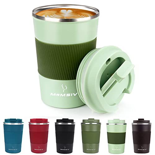 12oz Travel Mug, MOMSIV Insulated Coffee Cup with Leakproof Lid, Vacuum Stainless Steel Double Walled Reusable Tumbler for Hot and Cold Water Coffee and Tea In Travel and Car (Green-380ml)