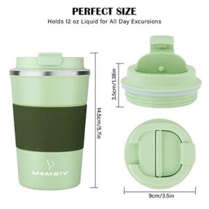 12oz Travel Mug, MOMSIV Insulated Coffee Cup with Leakproof Lid, Vacuum Stainless Steel Double Walled Reusable Tumbler for Hot and Cold Water Coffee and Tea In Travel and Car (Green-380ml)