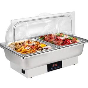 Roll Top Chef Chafing Dish Buffet Set 2 Pan Food Warmer Buffet Servers and Warmers Digital Display Temperature Warming Tray Bain Marie Food Warmer for Parties Commercial Food Steam Table