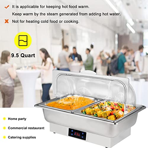 Roll Top Chef Chafing Dish Buffet Set 2 Pan Food Warmer Buffet Servers and Warmers Digital Display Temperature Warming Tray Bain Marie Food Warmer for Parties Commercial Food Steam Table