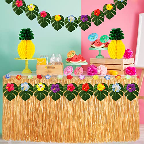 Garma 135 Pcs Hawaiian Tropical Luau Party Decoration Set Including 9 feet Hawaiian Luau Grass Table Skirt, Hawaiian Flowers, Palm Leaves, Multicolored Umbrellas, Paper Pineapple, Pineapple Décors