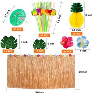 Garma 135 Pcs Hawaiian Tropical Luau Party Decoration Set Including 9 feet Hawaiian Luau Grass Table Skirt, Hawaiian Flowers, Palm Leaves, Multicolored Umbrellas, Paper Pineapple, Pineapple Décors