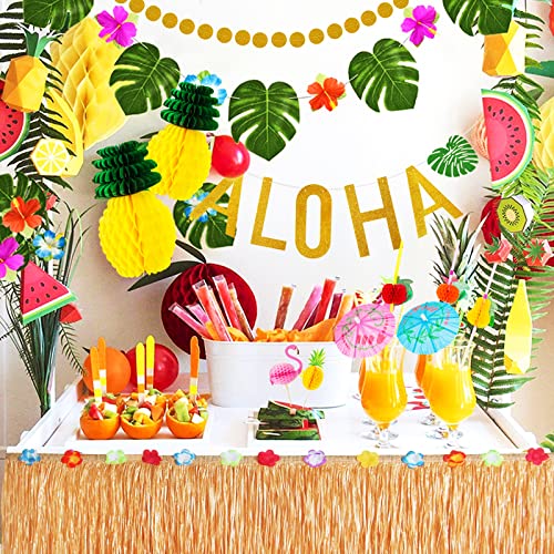 Garma 135 Pcs Hawaiian Tropical Luau Party Decoration Set Including 9 feet Hawaiian Luau Grass Table Skirt, Hawaiian Flowers, Palm Leaves, Multicolored Umbrellas, Paper Pineapple, Pineapple Décors