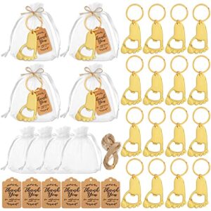 50 pieces footprint keychain bottle opener baby shower favors for guest souvenirs supplies and decorations with organza bags tags and 20 meters rope (gold)