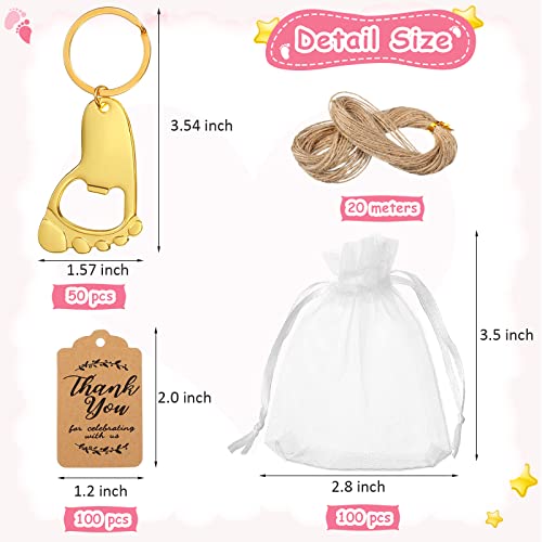 50 Pieces Footprint Keychain Bottle Opener Baby Shower Favors for Guest Souvenirs Supplies and Decorations with Organza Bags Tags and 20 Meters Rope (Gold)