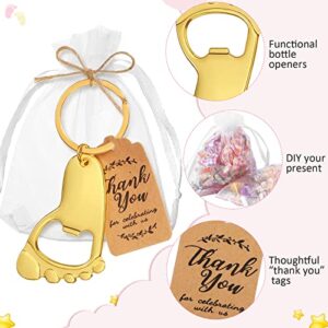 50 Pieces Footprint Keychain Bottle Opener Baby Shower Favors for Guest Souvenirs Supplies and Decorations with Organza Bags Tags and 20 Meters Rope (Gold)