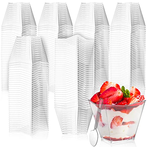 Lyellfe 100 Pack 4 Oz Dessert Cups with Spoon, Clear Plastic Cups, Mini Disposable Square Parfait Shooters Cups for Appetizer, Ice Cream, Pudding, Tasting Party